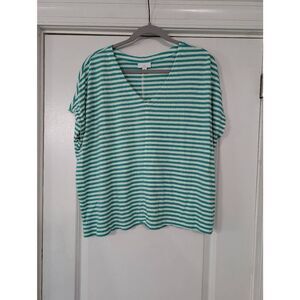 J. Jill Striped T-shirt women's 1X‎ green white linen blend v-neck coastal